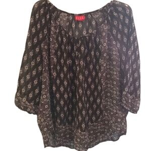 ELLE Blouse Women L Black White Floral Sheer Button‎ Scoop Neck 3/4 Sleeve Boho